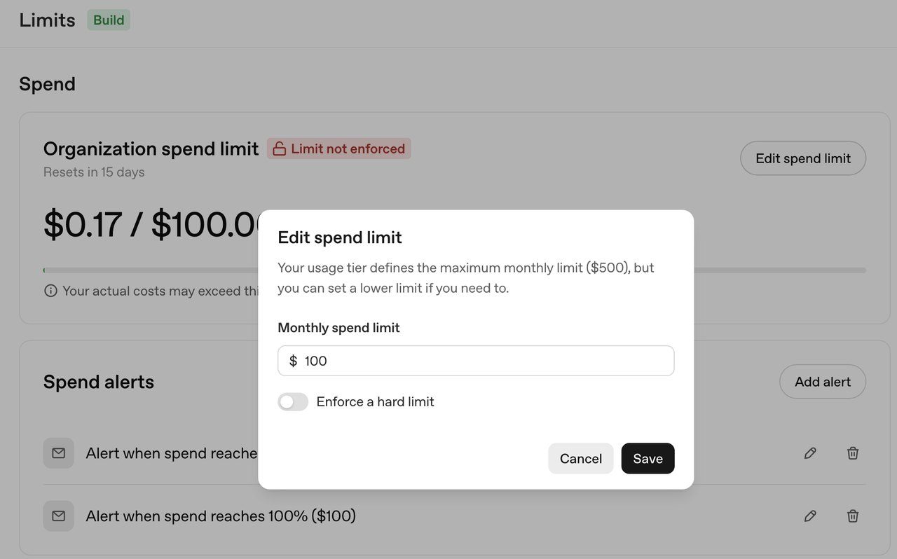 图A-2 OpenAI 的 Settings › Limits（组织）。点「Edit spend limit」打开的窗口（设置前的示例: 开关为关・金额为示例）: 在 Monthly spend limit 输入金额 → 打开「Enforce a hard limit」开关 →「Save」。标题旁的「Limit not enforced」表示尚未强制。下方的 Spend alerts 为通知金额，用「Add alert」添加（2026-10-17 的实际画面）
